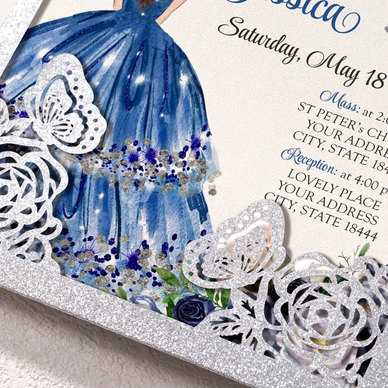 DORIS HOME 50Pcs Glitter Silver Butterfly Quinceanera Invitations, 5" x