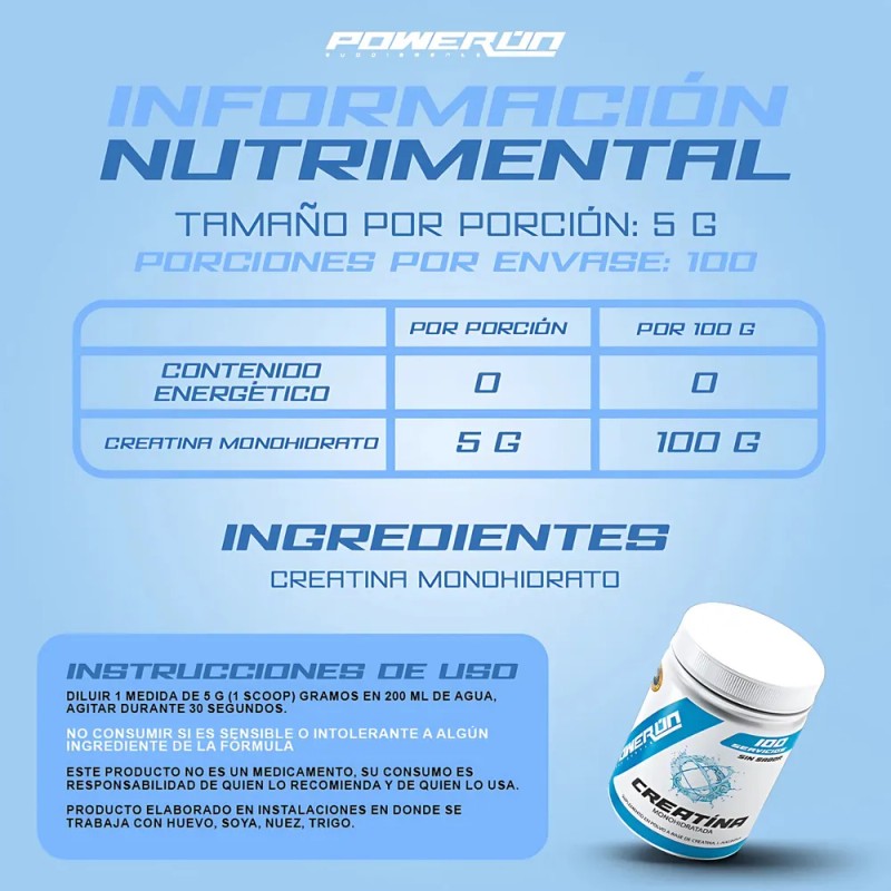 Creatina Monohidratada Power On 100 Servs 500g Sin Sabor