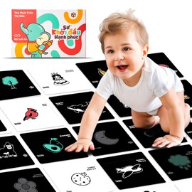 Happy Start High Contrast Baby Cards for Newborns - Black & White Cards, Water-Resistant, BPA-Free, Portable Educational Flashcards for Visual Stimulation, Award-Winning, Ages 0+(English & Vietnamese)