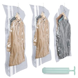 Hanging Storage Bags Vacuum Sealed 3 Pieces (120 x 65 cm/105 x 65 cm/90 x 65 cm) Vacuum Bags Clothes with Pump for Suits/Coats/Jackets, 80% Space Saving Wardrobe Organiser Vacuum Bags