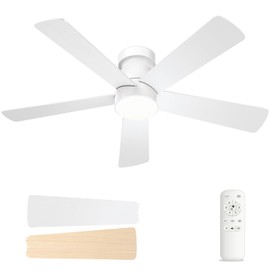 AKOFUN Ceiling Fans with Lights, 48 inch Low Profile Ceiling Fan with Light and Remote Control, Flush Mount, Reversible, 3CCT, Noiseless, 5 Blades White Modern Ceiling Fan for Bedroom Living Room