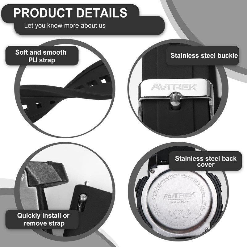 AVTREK Waterproof Pedometer Watch Step Counter for Walking No APP/Bluetooth