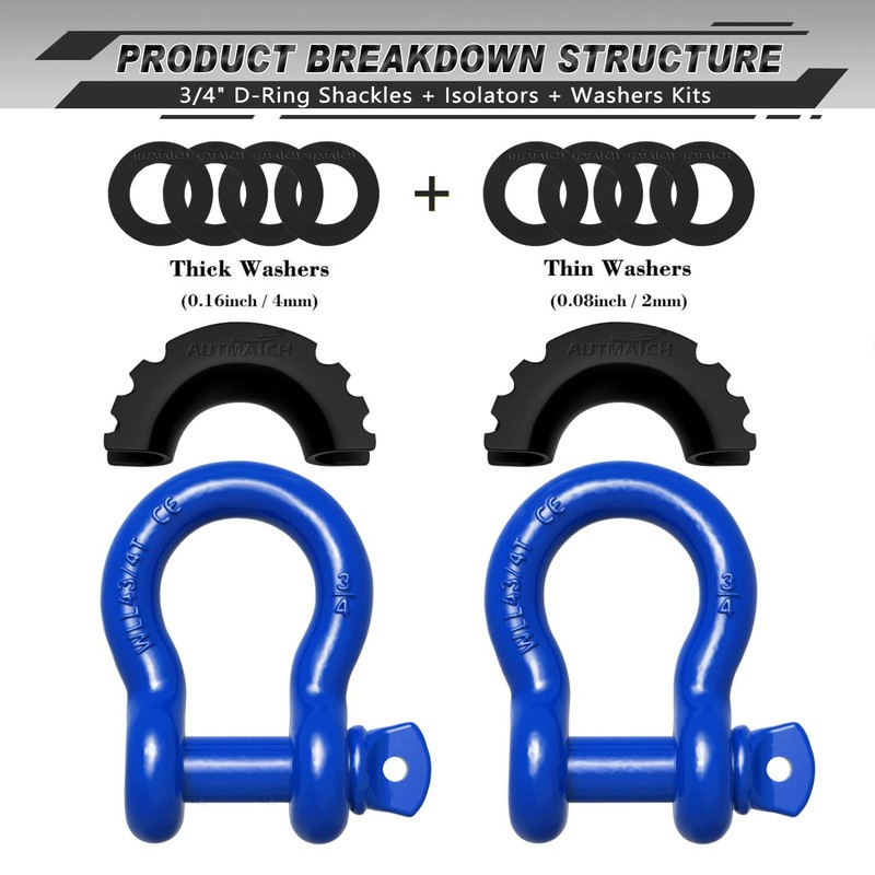 AUTMATCH D Ring Shackle 3/4" Shackles (2 Pack) 41,887Ibs Break