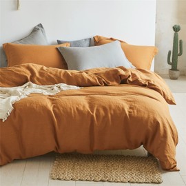 Simple&Opulence 100% Linen Duvet Cover Set 3pcs Basic Style Natural French Washed Flax Solid Color Soft Breathable Farmhouse Bedding with Button Closure - Rust, Queen