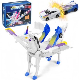 Hotfree Magnetic Dinosaur Transformer Car Toy, 2-in-1 Magnetic Cars That Transform into Flying Dragon and Unicorn, Automatic Collision Transforming Toy, Fun STEM Toy Birthday Gift for Boys & Girls:_WhiteBlue