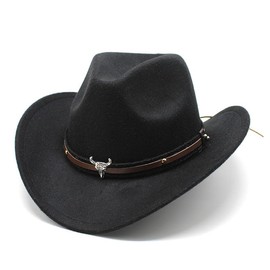 Mens Western Cowboy Hats with Bull Head Womens Retro Vintage Jazz Hat Solid Color Cowgirl Hats for Adults (Black 1, One Size)