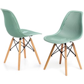 KOTEK Set of 2 Dining Chairs, DSW Molded Shell Plastic Side Chairs with Mesh Design, Solid Wood Legs, Mid-Century Modern Armless Side Chairs for Kitchen, Dining Room, Living Room (Green)