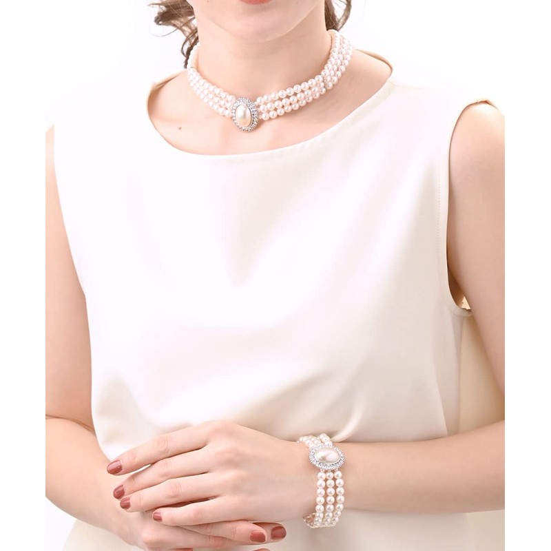 VingTAINE C14-68 3 Row Gorgeous Pearl Oval Rhinestone Necklace Choker,