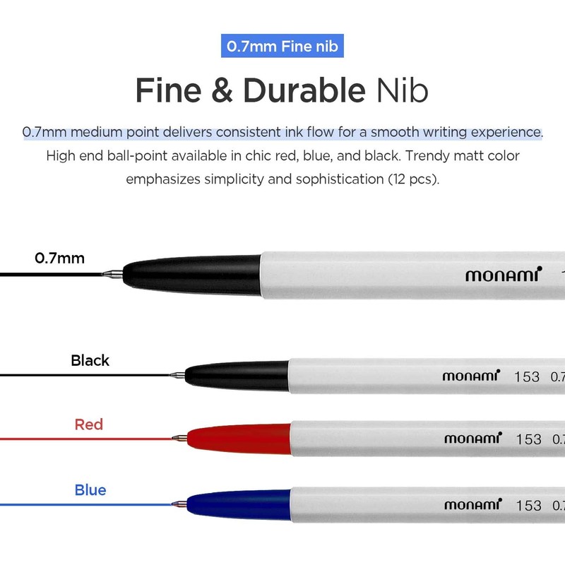 MONAMI Retractable Ballpoint Pens, Fine Point Ball Pen (0.7mm), 12