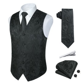 Rithern Men's Waistcoat Black Paisley Waistcoats Floral Jacquard Silk Waistcoat Tie Pocket Square Set For Wedding Casual Party Business Suit Vest set 4XL