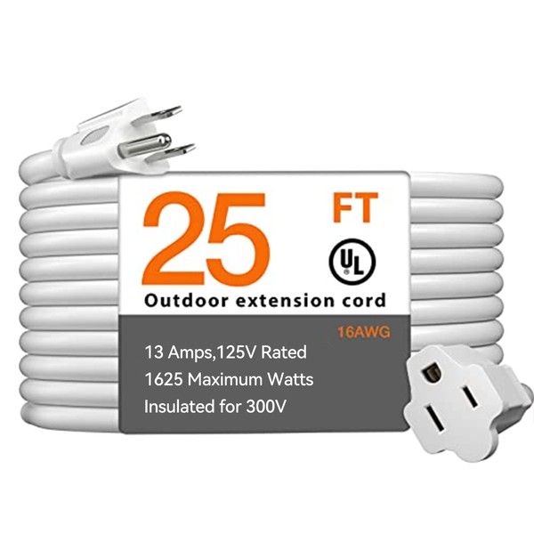 25 Feet Outdoor Extension Cord Waterproof, White Extreme All Weather 16 Gauge Extensions Cord with Covers, Flexible 100% Copper 3 Prong Extension Cord for Lawn, Garage, UL Listed