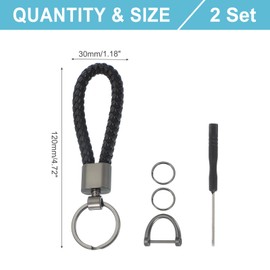 MECCANIXITY Car Key Chain, Handmade Braided Leather Keychain Horseshoe Buckle Metal Keys Holder with 2 Rings and Screwdriver for Men and Women (Black, Pack of 2)