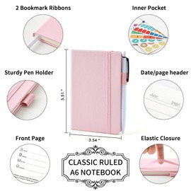 feela 6 Pack Pocket Small Notebooks Bulk, Mini Cute Memo Notepads Hardcover College Ruled Lined Journals with Pen Holder for Women Girls Office School, with 6 Black Pens, 3.5”x 5.5”, A6, Rose Pink