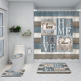 4PCS Rustic Floral Flower Sweet Love Home Fabric Shower Curtain Set, with Non-Slip Rugs, Toilet Lid Cover and Bath Mat Farmhouse Country Vintage Wood Plank Cotton Bathroom Decor Waterproof 72x72