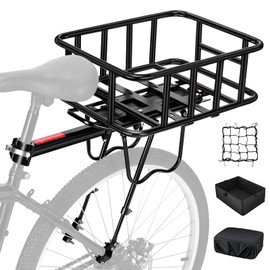 Upgraded Rear Bike Rack with Basket, Removable Adjustable Bike Basket Rear with Liner,Waterproof Cover,Cargo Net, Heavy Duty Bicycle Rear Basket for Most Bikes and E-Bike