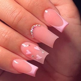 Pink French Tip Glue on Nails - False Nails with Rhinestones, Heart Design, Valentine's Day, Acrylic, Glossy, Stick on, Square, Medium, 24 Pcs