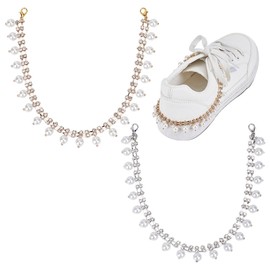 HOBBIESAY 4Pcs Pearl Shoe Chains 29cm Platinum Golden Shoe Decoration Chains Pearl Rhinestone Shoelace Charms Brass Rhinestone Shoe Chain Shoe Accessaries for Women Sneaker Decoration