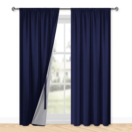 XWZO 100% Opaque Ruffle Tape Curtains, Set of 2 Double-Layer Thick and Heavy Curtains Bedroom Curtains, 200 x 140 cm (H x W), Dark Blue
