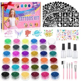 Aottom Kit de Tatuajes Temporales con Purpurina para Niños: 220 Plantillas, Más de 70 Pegatinas Infantiles, 36 Colores de Purpurina, 3 Pegamentos, 5 Pinceles. Ideal para Fiestas, Maquillaje Y Como Reg