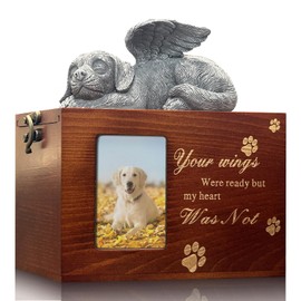 Solid Wood Pet Urn for Dog Ashes Box with Picture Black Funeral Cremation Box for Cat Wooden Keepsake with Black Flannel Lining for Loss of Cat or Dog Remembrance Gift (Dog Urn-Red Brown, Medium)