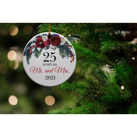 25 Years as Mr. and Mrs. Ceramic Christmas Tree Ornament Collectible Holiday Keepsake 2.875" Round Ornament in Decorative Gift Box with Bow- Perfect 25th Wedding