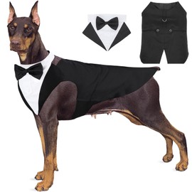 Segarty Dog Tuxedo and Bandanas Suit Formal Wedding Costume, Adjustable Pet Collar with Black Bow Tie, Detachable Dogs Shirt Bandanas Set for Extra Large Dog Prince Outfit Birthday Cosplay Attire