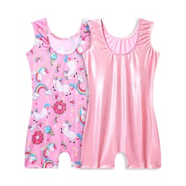Girls Leotards for Gymnastics Size 7-8 Years Old Shiny Pink Unicorn One Piece Sleeveless Dance Bodysuits 2 Pack