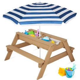 Best Choice Products Kids 3-in-1 Sand & Water Table, Wood Outdoor Convertible Picnic Table w/Umbrella, 2 Trays, Removable Top, 220lb Capacity Per Bench - Navy