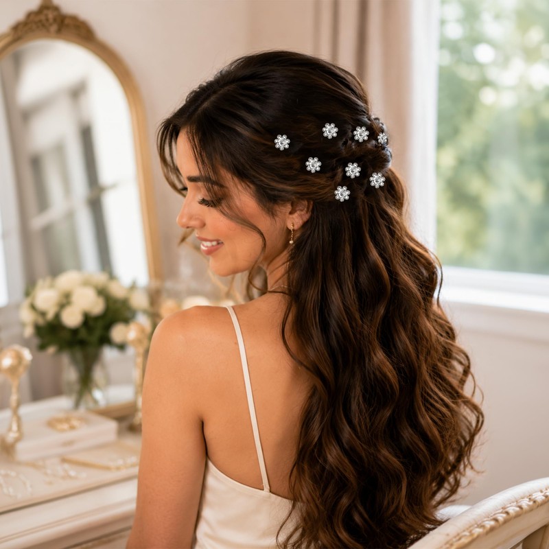 WedDecor Silver Rose Flower Crystal Rhinestone Hair Pins, Pack of