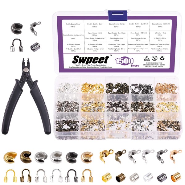Swpeet 1501 Pieces 6 Colours 4 Styles Brass Tube Crimp Beads with Bead Crimping Tool Kit Including Brass Tube Crimp Beads and Crimp Beads