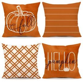 4TH Emotion Fall Pillow Covers 18x18 Set of 4 Hello Pumpkin Farmhouse Decorations Orange Stripes Outdoor Autumn Thanksgiving Farm Pillows Decorative Throw Cushion Case for Home Couch Decor S23F01