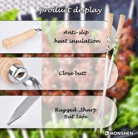 23.5-Inch Long Twist Flat BBQ Skewers, HONSHEN 7/16 Inch Heavy Duty Stainless Steel Wide Blade with hardwood Handle barbecue skewers for Grilling Meat,Chicken,Beef-Set of 12 (23.5 Inch)