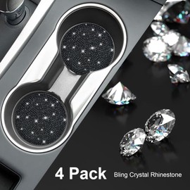 4 Pack Bling Rhinestone Car Coasters, PVC Auto Car Cup Holder Insert Coaster - 2.75" Anti Slip Universal Vehicle Interior Accessories Crystal Glitter Cup Mats for Women, Girl by Cacturism, Black