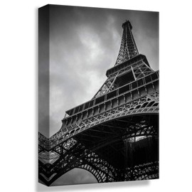 B2T Canvas Print Wall Art Ground View of Eiffel Tower in Paris Architecture & Maps Building Photography Modern Art Chic Grey Dark Black and White for Living Room, Bedroom, Office - 16"x24"