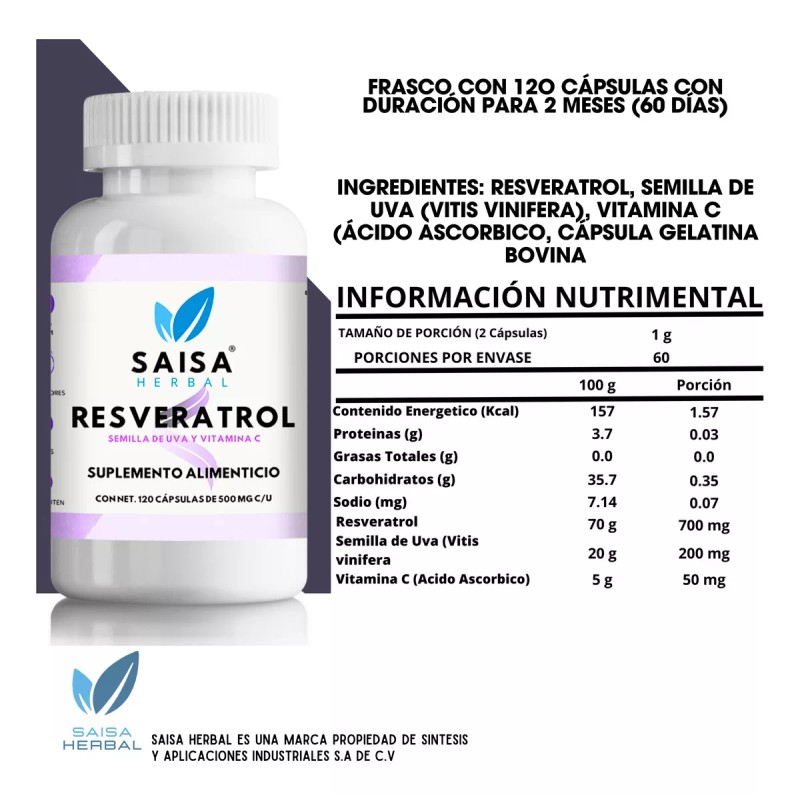 Saisa Herbal Resveratrol 120 Cáp Semilla De Uva Y Vitamina
