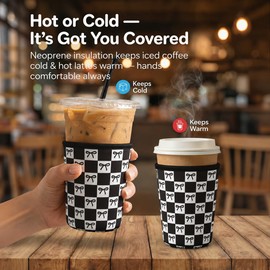 Reusable Ice Coffee Cup Sleeves for Cold Drink 16-32oz(Black Checked Bow)