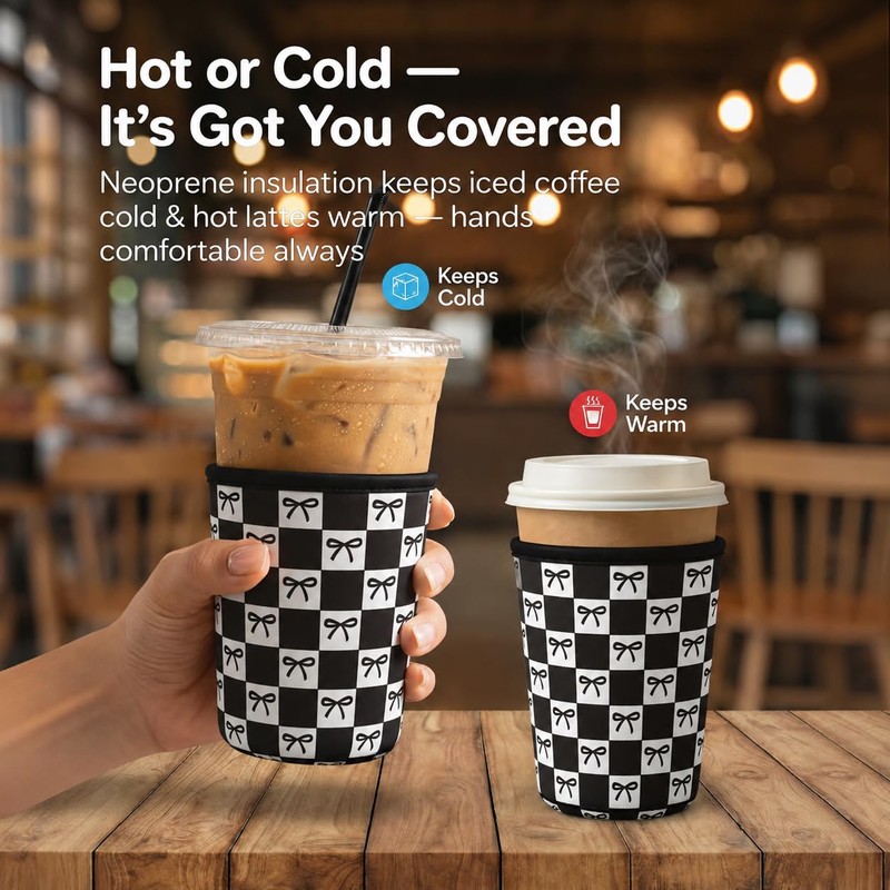 Reusable Ice Coffee Cup Sleeves for Cold Drink 16-32oz(Black Checked