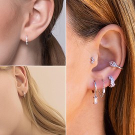 Sterling Silver Hoop Earrings for Women, 3 Pairs Small Silver Huggie Hoop Earrings Set | Hypoallergenic Cubic Zirconia Baguette Drop Dangle Cartilage Earrings Fashion Jewellery Girls Gifts