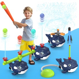 4-in-1 Whale Water Sprinkler Baseball Set for Kids,Summer Water Toy with 3 Jets, 4 Balls and Rocket Launch Game, Kids Sprinklers with 360° Rotating Sprinkler,Outdoor Water Toys for Age 3+ Years