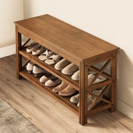 Shoe Rack Bench with Storage 3 Tier Bamboo Shoe Bench Entryway Rustic Solid Wood Entryway Bench (X-Brown,31.5")