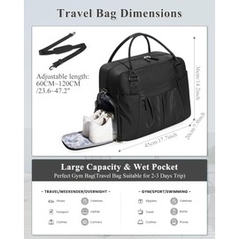 Weekender Travel Bag for Women Men, Personal Item Travel Bag with Shoes Compartment carry on bags for airplanes Overnight Bag Large Travel Tote Bag Gym Bag Workout Dance Bag Hospital Bags Black