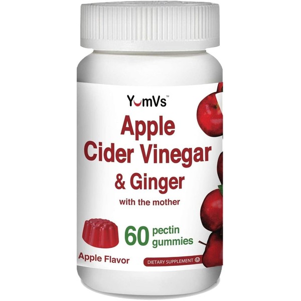 Apple Cider Vinegar Gummies with The Mother + Ginger by YumVs | Non GMO, Vegetarian Supplement for Women & Men | Heart Health and Digestive Support | Natural Apple Flavor Chewables - 60 Count