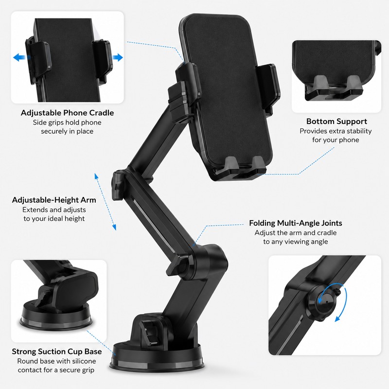 Car Phone Mount for Navigation – Adjustable Height Suction Cup