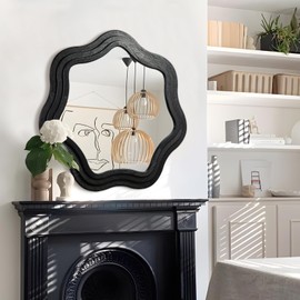 Glitzhome Wavy Wall Miroor - 33.5''D Round Accent Mirror Decorative or Bedroom Living Room Entryway Hallway, Black Wood Frame