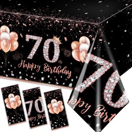 GREHUMOR 3Pcs 70th Birthday Tablecloth Decorations for Women-Rose Gold Pink Table Cloth Happy 70 Birthday Theme Party Supplies Table Cover Plastic Disposable Rectangular Party Decorations