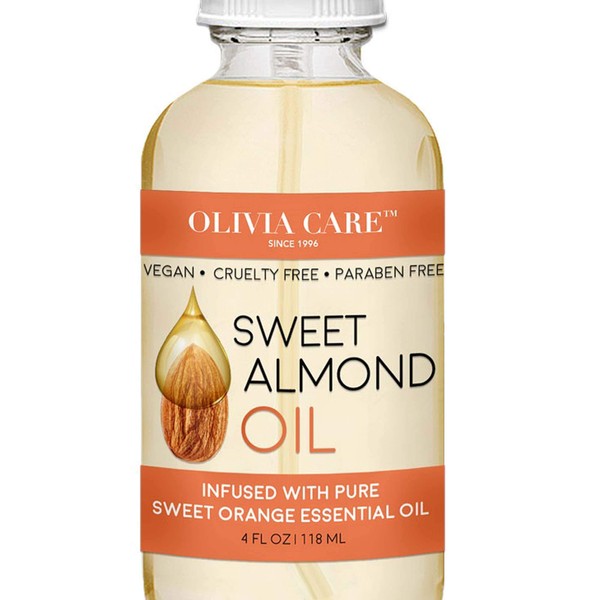 Sweet Almond and Sweet Orange Essential Oil by Olivia Care – 100% Natural & Vegan. Moisturize, Hydrate, Replenish, Brightens & Restore Skin. Infused With Vitamin C - Eliminate Dryness - 4 OZ