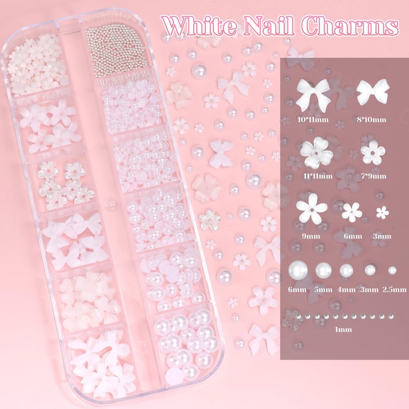 3 Boxes White Flower Nail Charms and Rhinestones, Rose Flowers