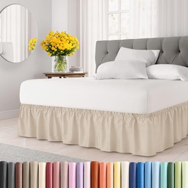 Falda de cama con volante envolvente, color trigo, tamaño King, caída de 30 cm, banda elástica de fácil ajuste, falda ajustable con pliegues y tela cepillada, sin arrugas, unisex, para niños y adultos