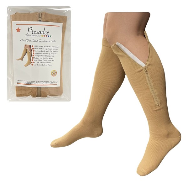 Presadee Closed Toe 15-20 mmHg Zipper Moderate Compression Leg Circulation Socks (Beige, S/M)