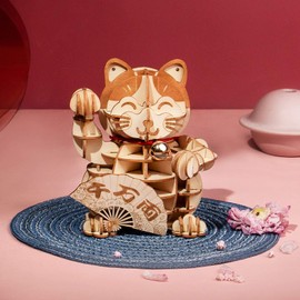 Rolife 3D Wooden Puzzle Lucky Cat -72pcs Japanese Maneki Neko Welcome Display Greeting for Blessing Good Fortune - Building Toys Gift for Adults (Plutus Cat)
